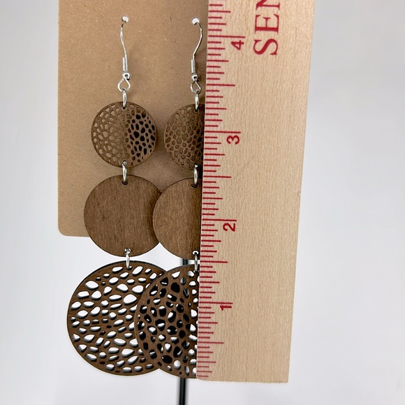 Light Weight Wooden Hollow Circle Design Dangle Earrings - Picture 2 of 3
